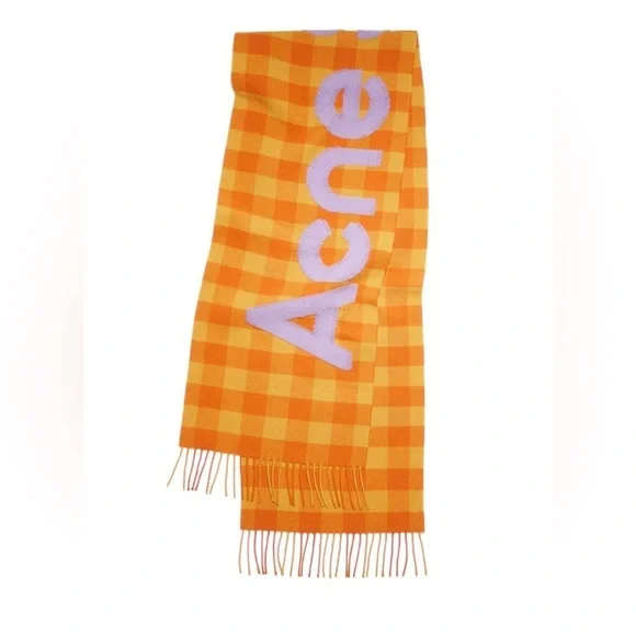 ACNE STUDIOS NWT Check Logo Fringed Wool Scarf in Orange/Lilac - Picture 2 of 6